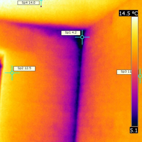 Toplinska Imaging pregled sobi, okružen GCR. U kutu - mjesto nakupljanja vlage na postolje na tablici čajnik. A kao posljedica - hladnog mosta (plava)